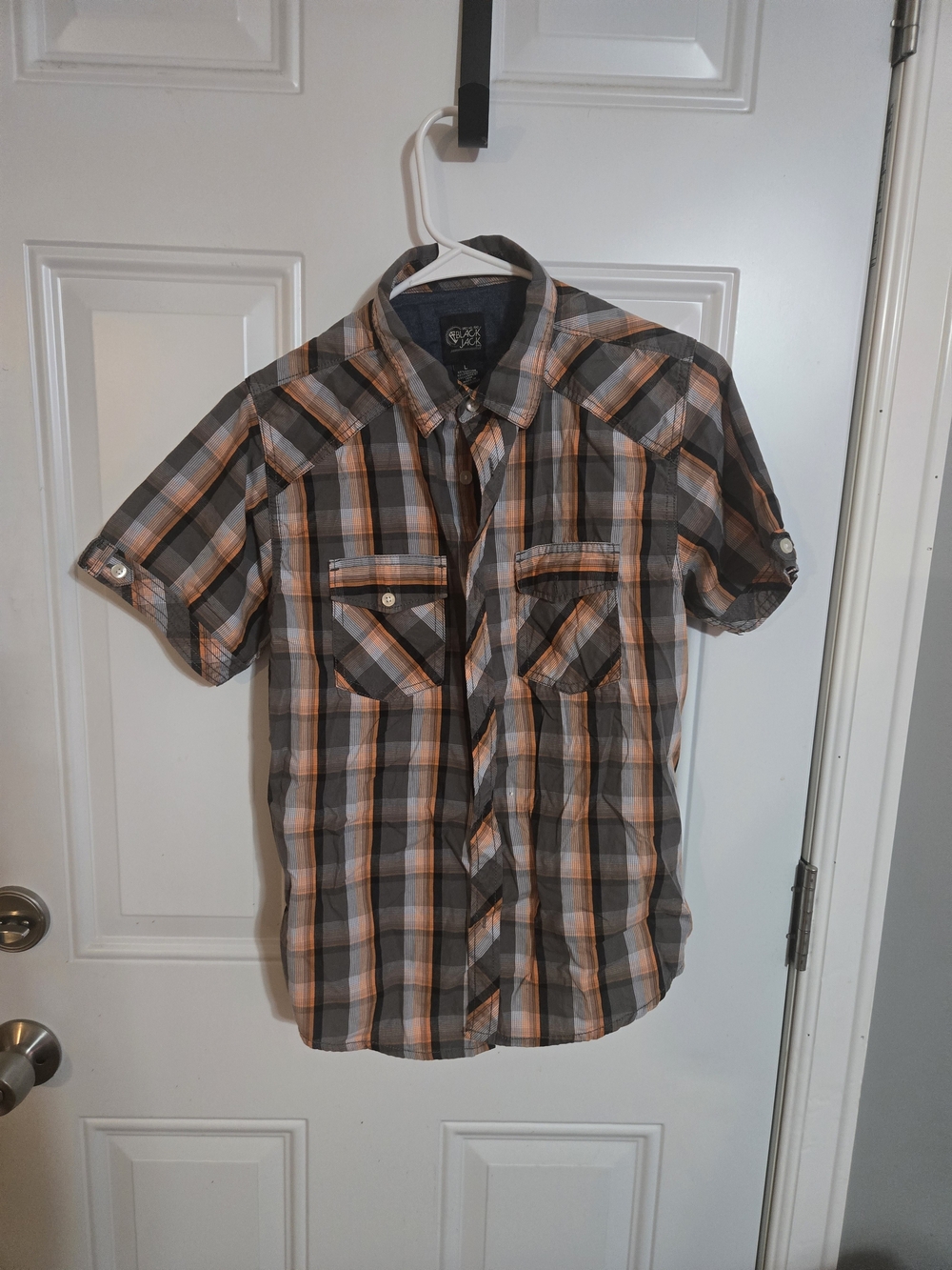 Boys' Plaid Short-Sleeve Button-Down Shirt - Gray & Orange Size Large